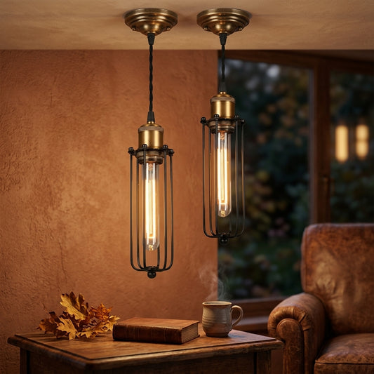 Industrial Iron Cage Chandelier - Black or Gold E27 Retro Pendant for Bar & Cafe
