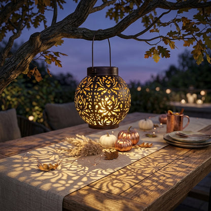 Solar Hanging Lantern with Projection - Iron Hollow Pattern Garden Light 15 x 17cm