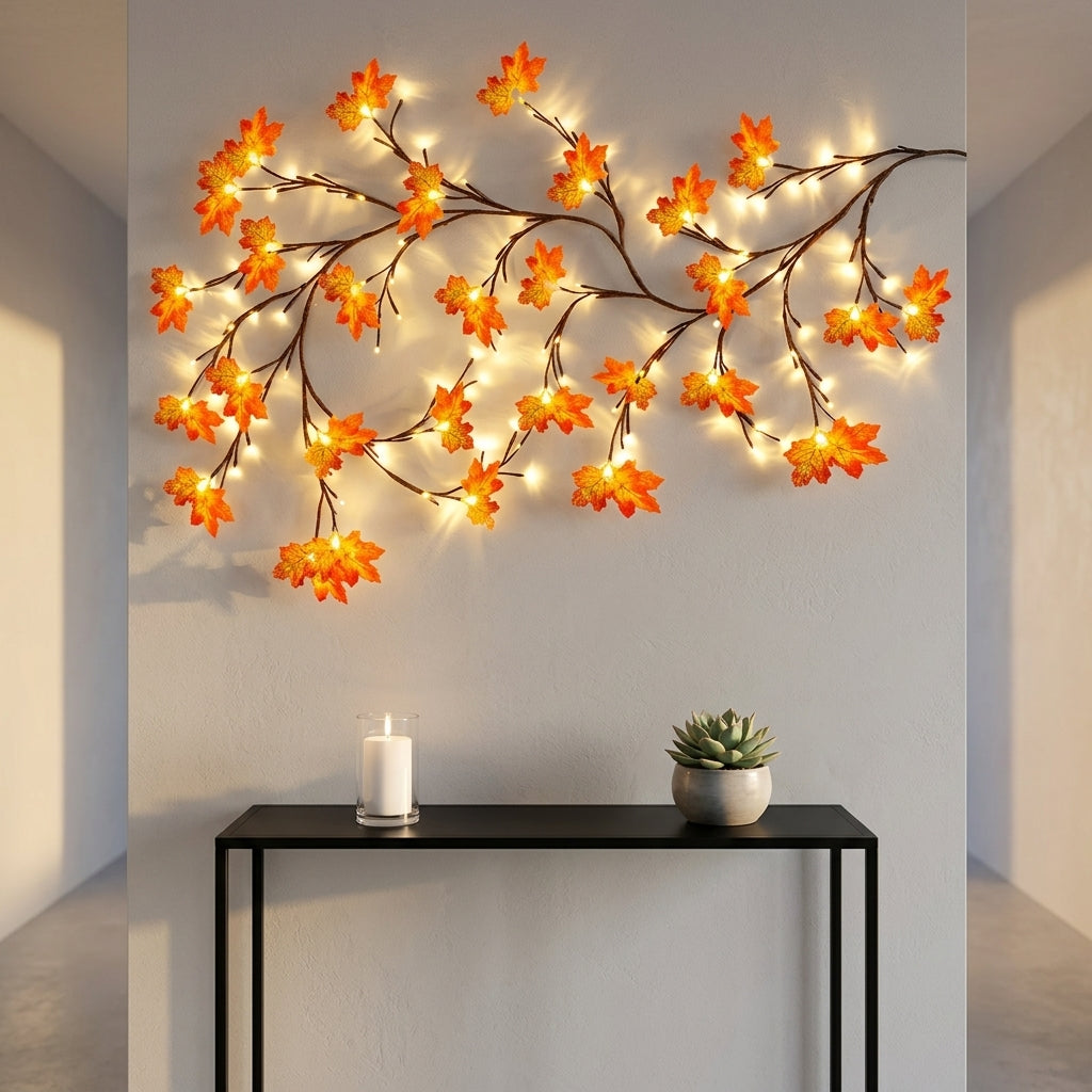Maple Leaf Branch Garland - 150cm Bendable 48 LED Twig Vine Light with USB Power for Walls, Mantels and Thanksgiving Table Decor