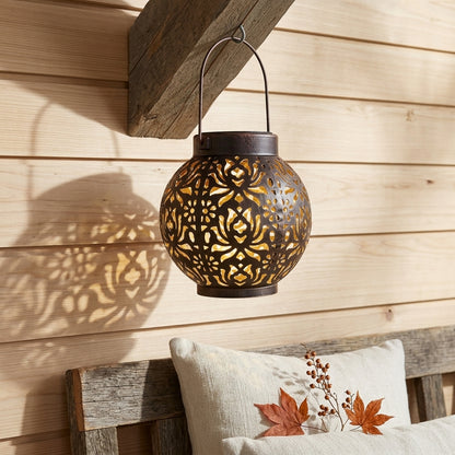 Solar Hanging Lantern with Projection - Iron Hollow Pattern Garden Light 15 x 17cm