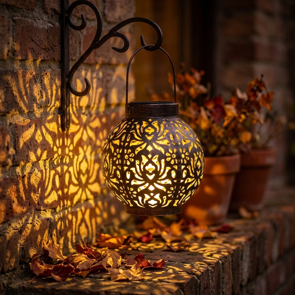 Solar Hanging Lantern with Projection - Iron Hollow Pattern Garden Light 15 x 17cm