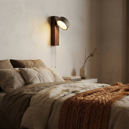 Travertine Stone & Walnut Wall Lamp - Rotatable LED Bedside Light with Pull Switch