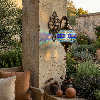 Art Deco Mediterranean Wall Lamp - Mosaic and Glass Sconce in Eight Patterned Styles for Hallway, Headboard and Staircase Lighting