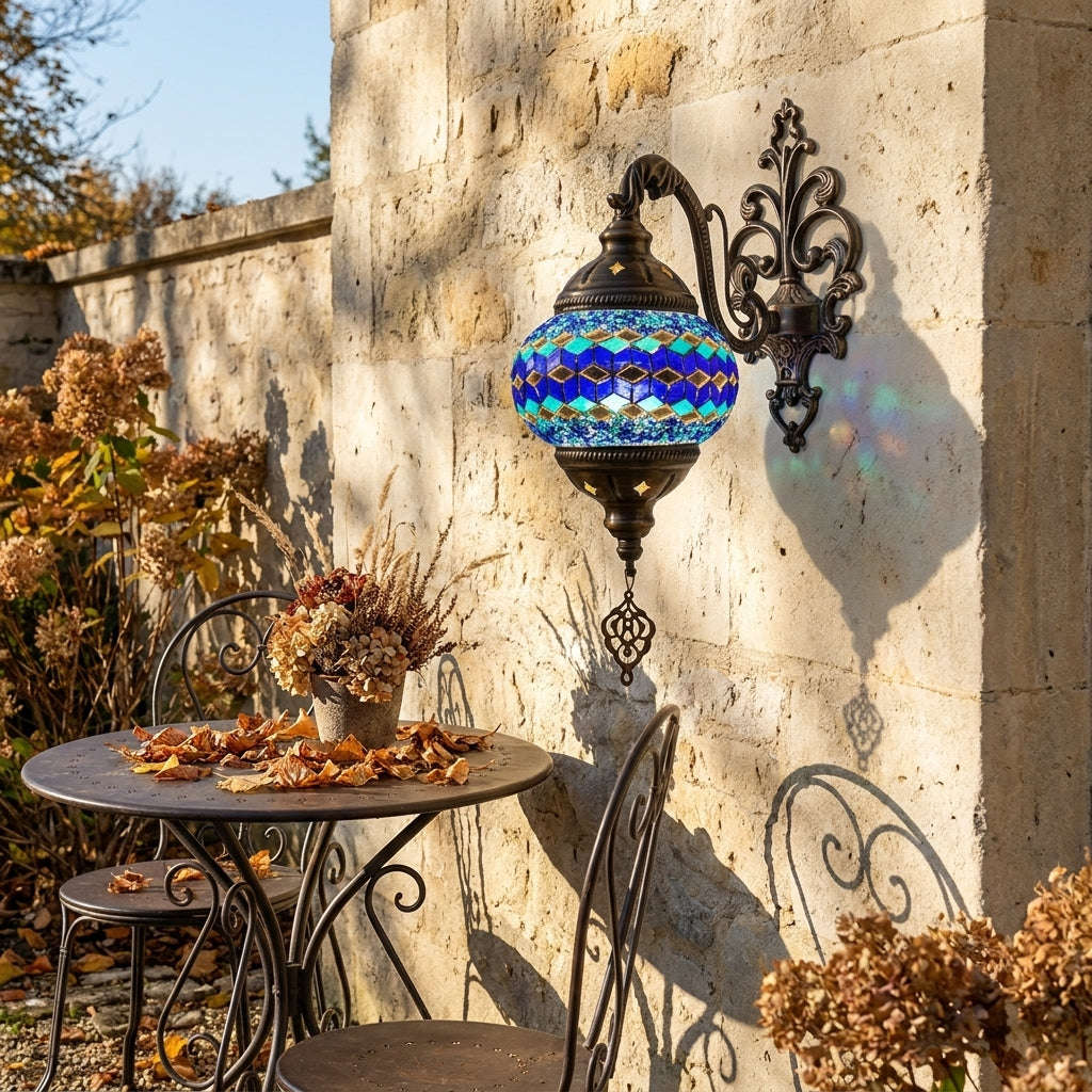 Art Deco Mediterranean Wall Lamp - Mosaic and Glass Sconce in Eight Patterned Styles for Hallway, Headboard and Staircase Lighting