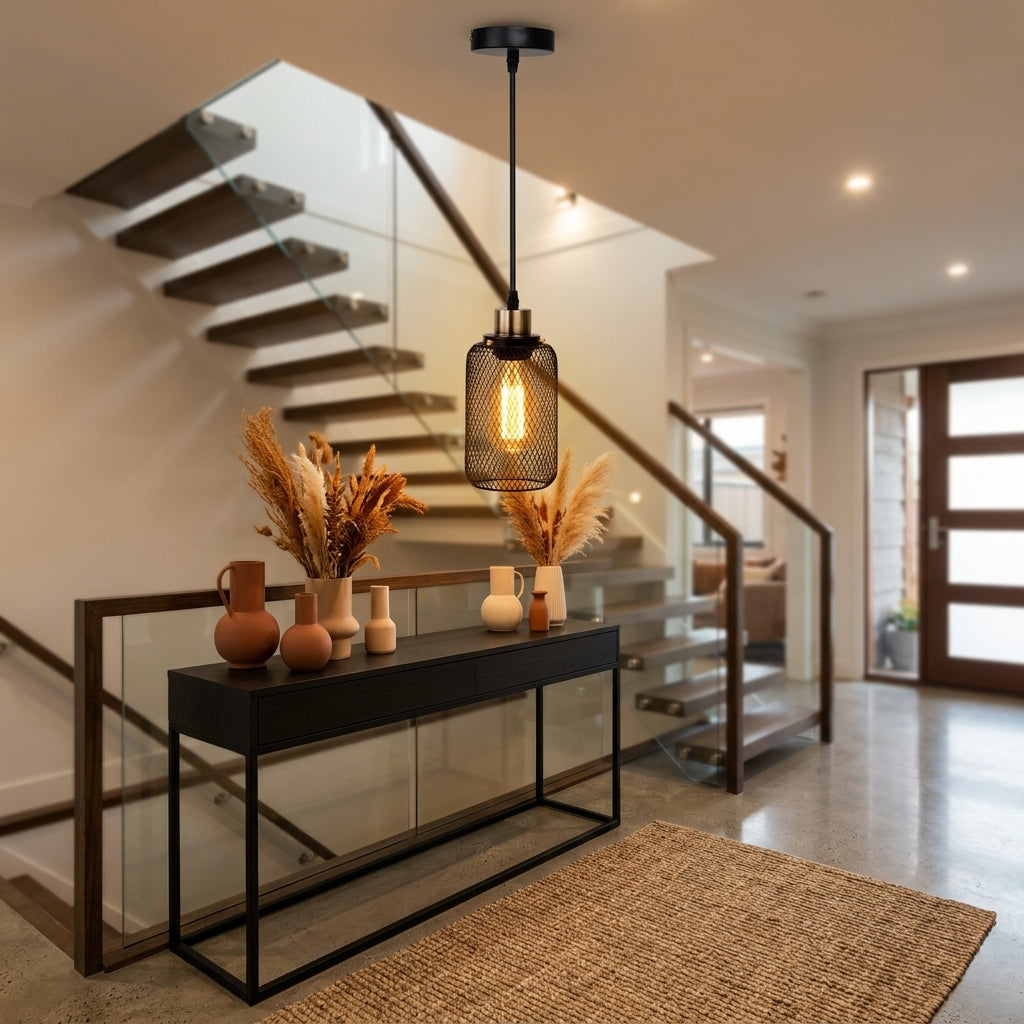 Industrial Cage Pendant Light - Black Metal E27 Hanging Lamp for Kitchen Island & Cafe