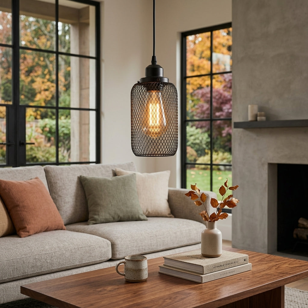 Industrial Cage Pendant Light - Black Metal E27 Hanging Lamp for Kitchen Island & Cafe