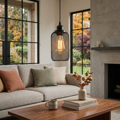 Industrial Cage Pendant Light - Black Metal E27 Hanging Lamp for Kitchen Island & Cafe