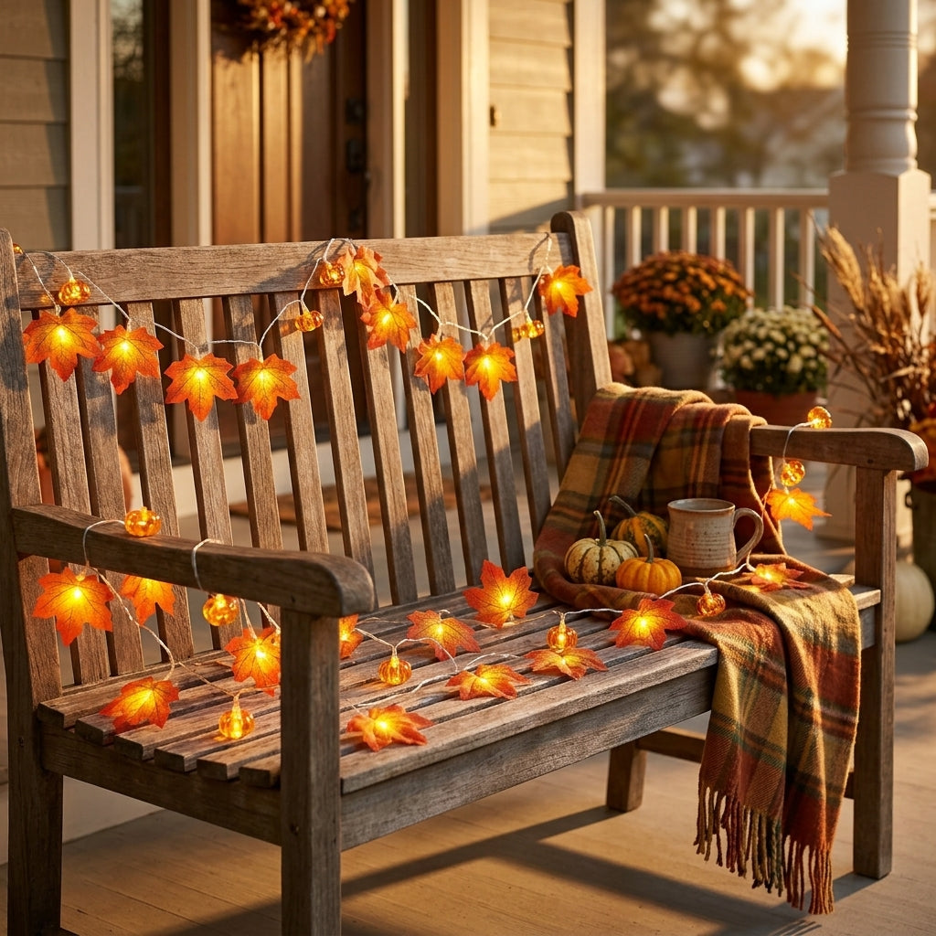 Pumpkin & Maple Leaf Fall String Lights - Warm White LED for Mantel, Window & Doorway