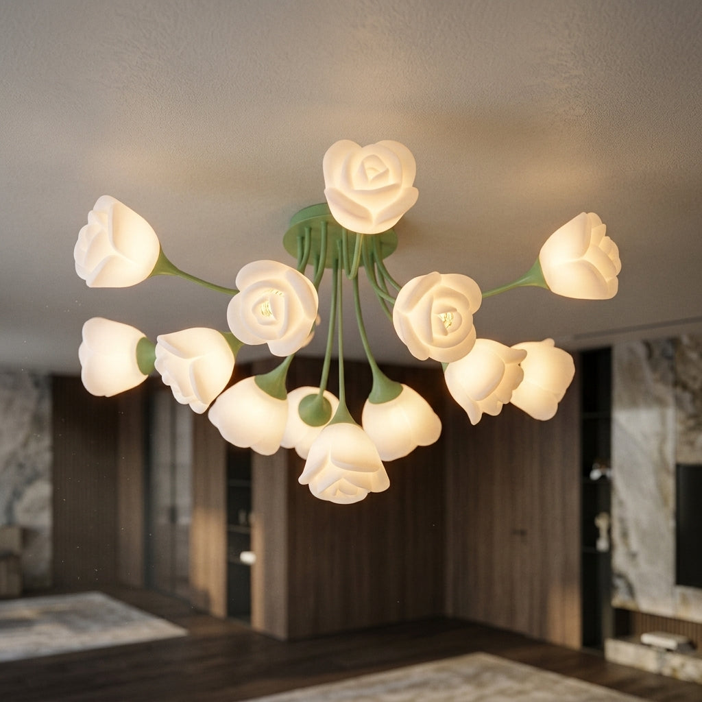 French Glass Flower LED Ceiling Lamp - Hot Bent Floral Shades on Brushed Nickel Frame