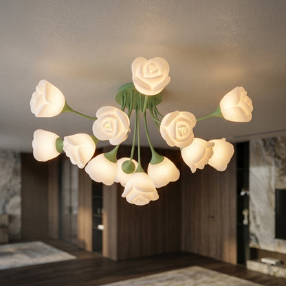 French Glass Flower LED Ceiling Lamp - Hot Bent Floral Shades on Brushed Nickel Frame