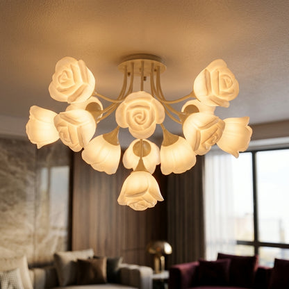 French Glass Flower LED Ceiling Lamp - Hot Bent Floral Shades on Brushed Nickel Frame