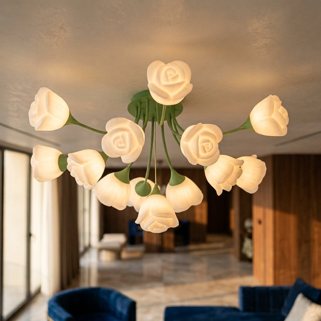 French Glass Flower LED Ceiling Lamp - Hot Bent Floral Shades on Brushed Nickel Frame