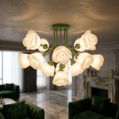 French Glass Flower LED Ceiling Lamp - Hot Bent Floral Shades on Brushed Nickel Frame