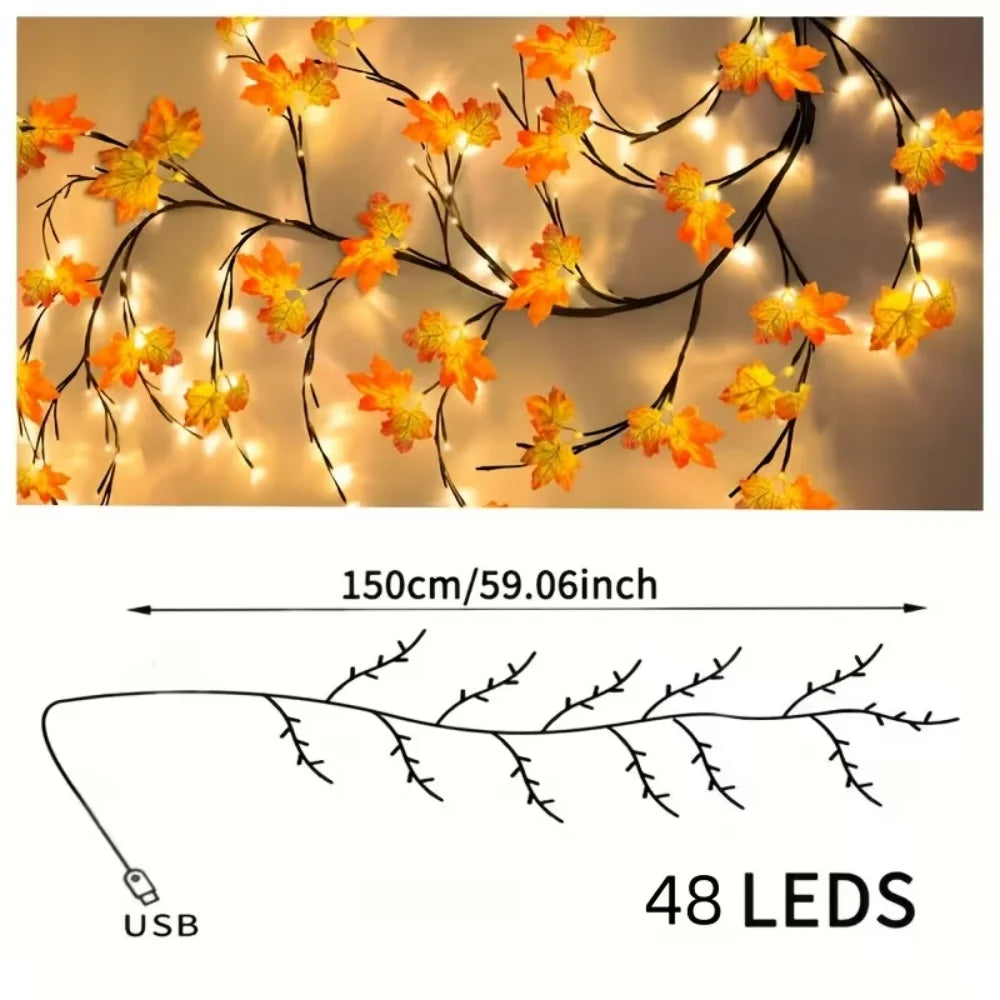 Maple Leaf Branch Garland - 150cm Bendable 48 LED Twig Vine Light with USB Power for Walls, Mantels and Thanksgiving Table Decor