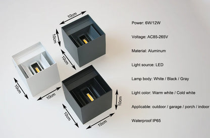Modern Square Outdoor Wall Light - IP65 6W or 12W LED Up Down Aluminium Porch Lamp