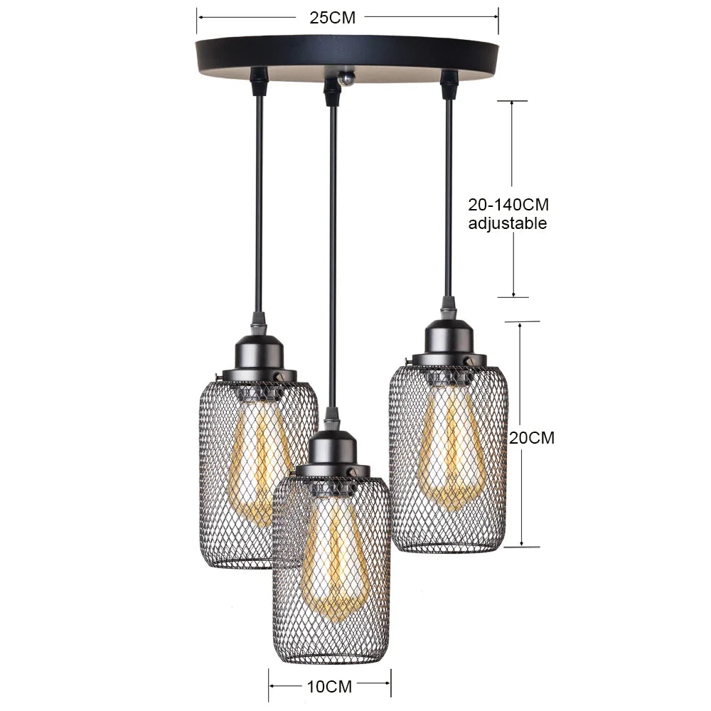 Industrial Cage Pendant Light - Black Metal E27 Hanging Lamp for Kitchen Island & Cafe