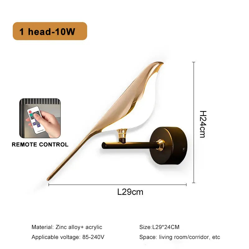 Nordic Bird Wall Lamp - Rotatable Gold LED Sconce with Remote for Bedside & Living Room