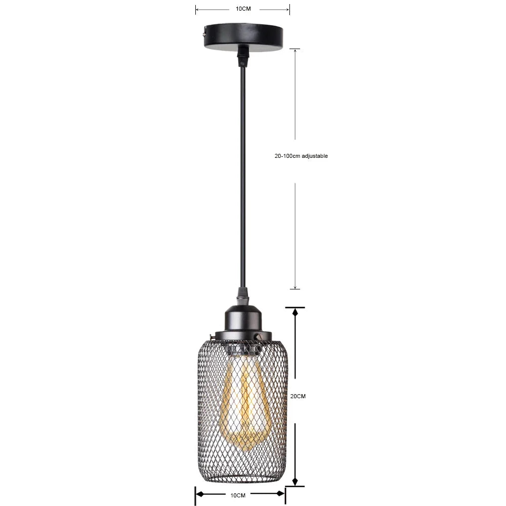Industrial Cage Pendant Light - Black Metal E27 Hanging Lamp for Kitchen Island & Cafe