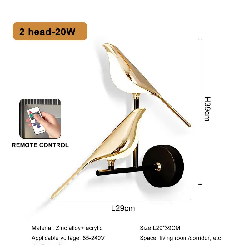Nordic Bird Wall Lamp - Rotatable Gold LED Sconce with Remote for Bedside & Living Room