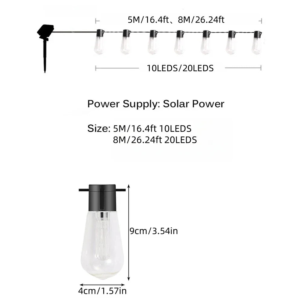 Solar Bulb String Lights - Waterproof Warm White Retro Lights for Patio, Garden & Balcony