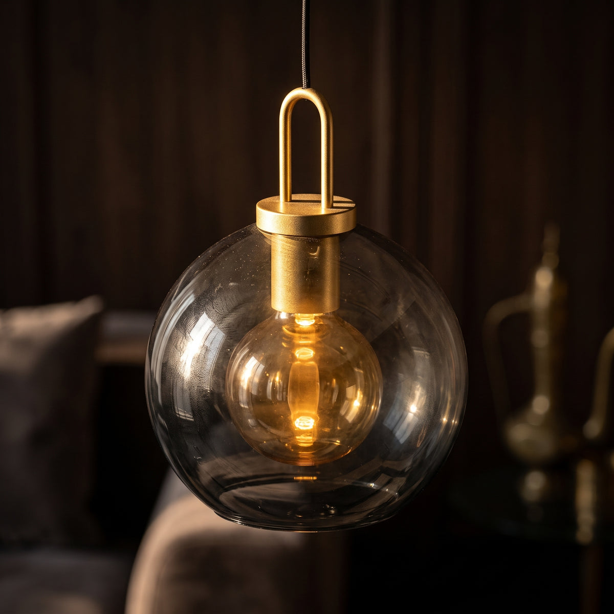 Smoked Glass Pendant Light - Industrial Globe Lamp