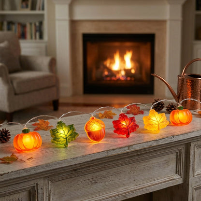 Halloween Pumpkin String Lights - Acorn & Leaf LED Fairy Lights for Doorway & Mantel