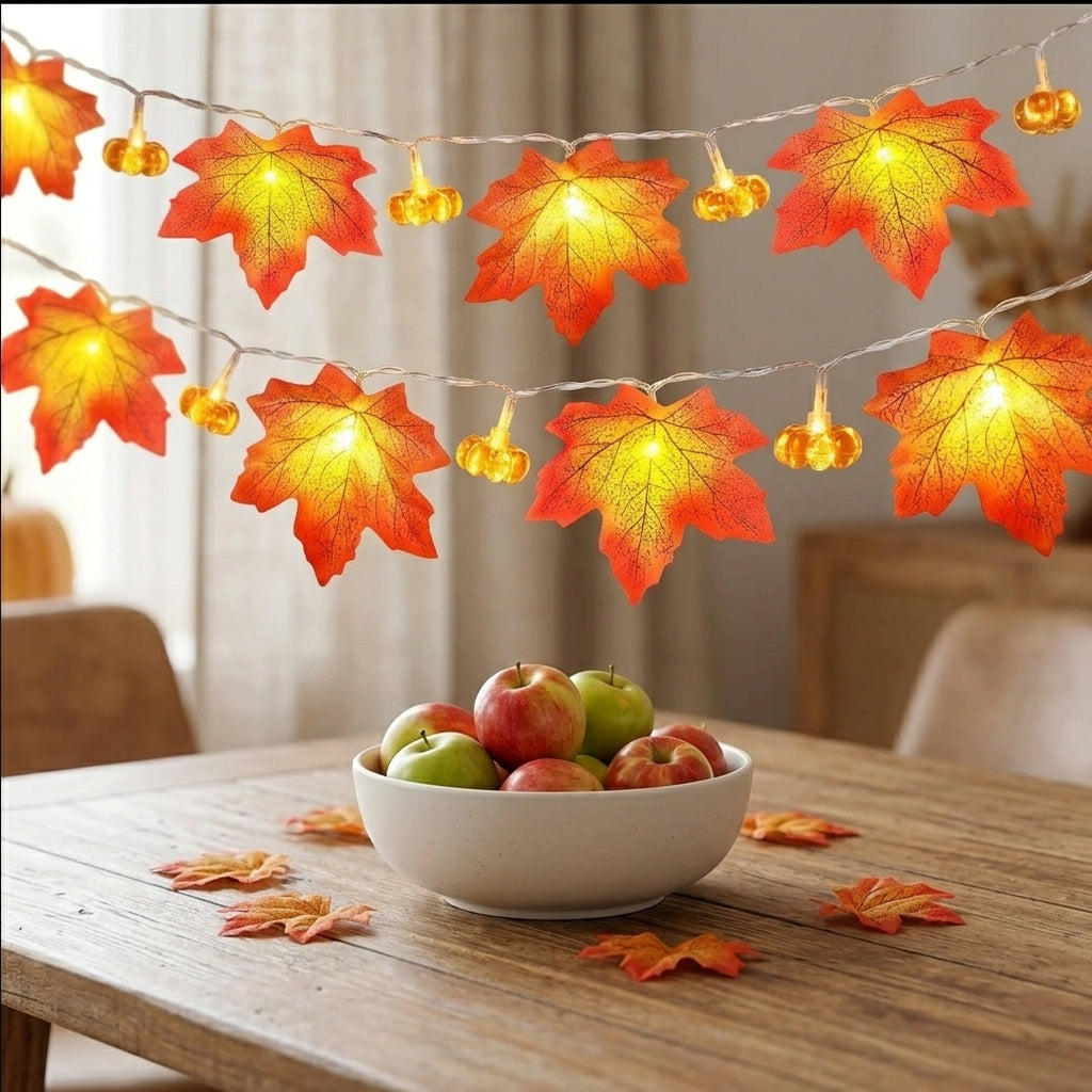 Pumpkin & Maple Leaf Fall String Lights - Warm White LED for Mantel, Window & Doorway