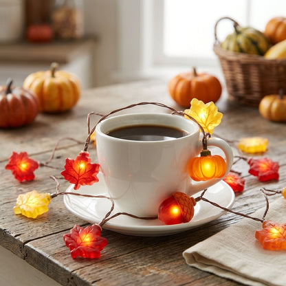 Halloween Pumpkin String Lights - Acorn & Leaf LED Fairy Lights for Doorway & Mantel