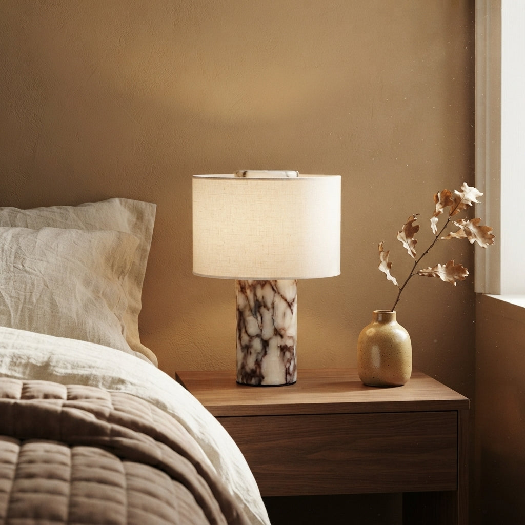 Luxury Marble Table Lamp - Modern Fabric Shade Bedside Light for Nightstand & Console
