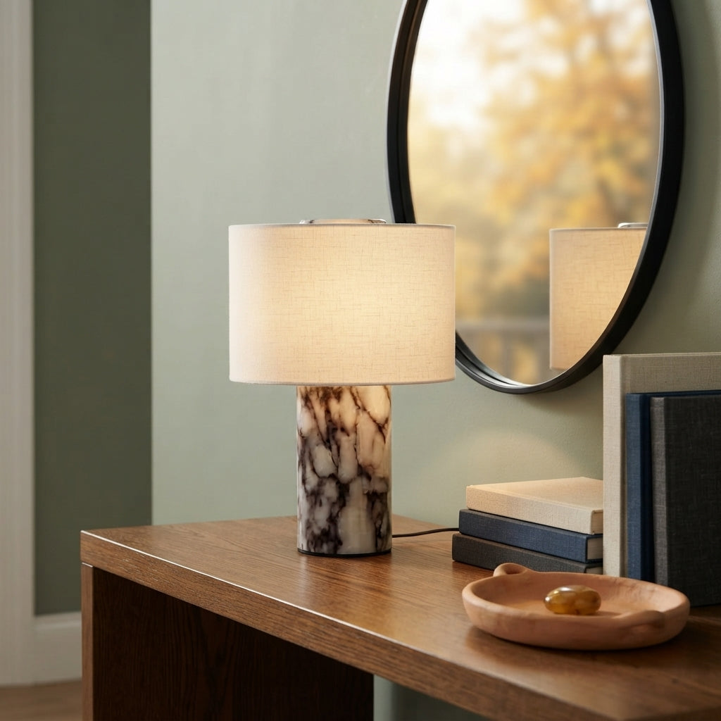 Luxury Marble Table Lamp - Modern Fabric Shade Bedside Light for Nightstand & Console