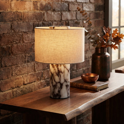 Luxury Marble Table Lamp - Modern Fabric Shade Bedside Light for Nightstand & Console
