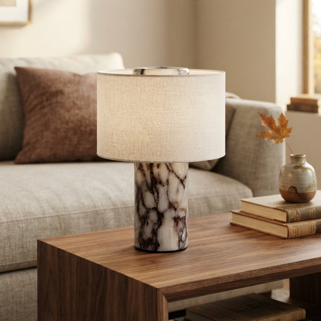 Luxury Marble Table Lamp - Modern Fabric Shade Bedside Light for Nightstand & Console