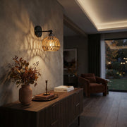Woven Rattan Wall Light - Black E27 Hemp Rope Bedside Sconce for Bedroom & Living Room