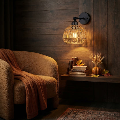 Woven Rattan Wall Light - Black E27 Hemp Rope Bedside Sconce for Bedroom & Living Room