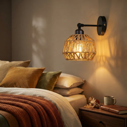 Woven Rattan Wall Light - Black E27 Hemp Rope Bedside Sconce for Bedroom & Living Room