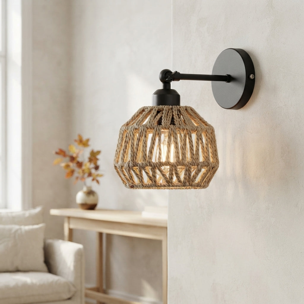 Woven Rattan Wall Light - Black E27 Hemp Rope Bedside Sconce for Bedroom & Living Room