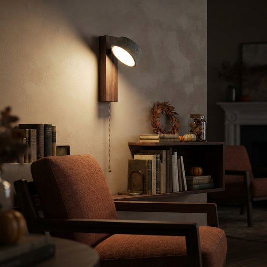 Travertine Stone & Walnut Wall Lamp - Rotatable LED Bedside Light with Pull Switch