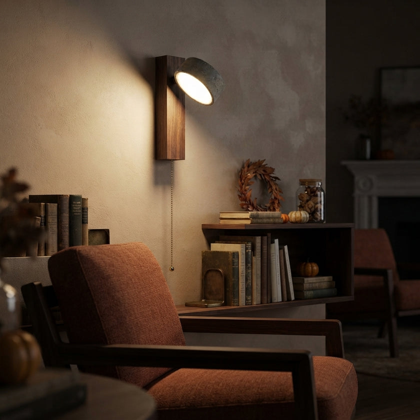 Travertine Stone & Walnut Wall Lamp - Rotatable LED Bedside Light with Pull Switch
