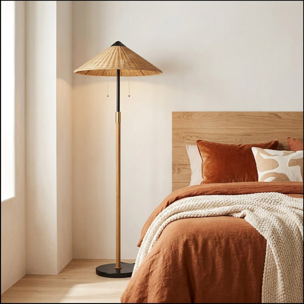 Rattan Floor Lamp 68 Inch - Twin E26 Woven Shade & Marble Base