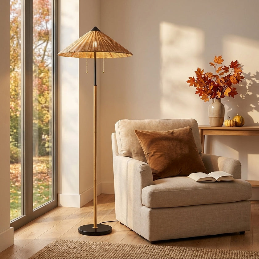 Rattan Floor Lamp 68 Inch - Twin E26 Woven Shade & Marble Base