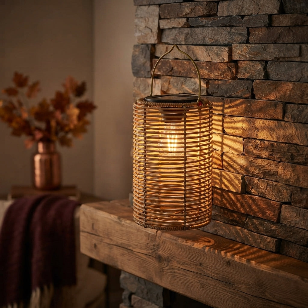 Solar Woven Rattan Lantern - IP65 Hanging Boho Garden Light with Dusk Sensor