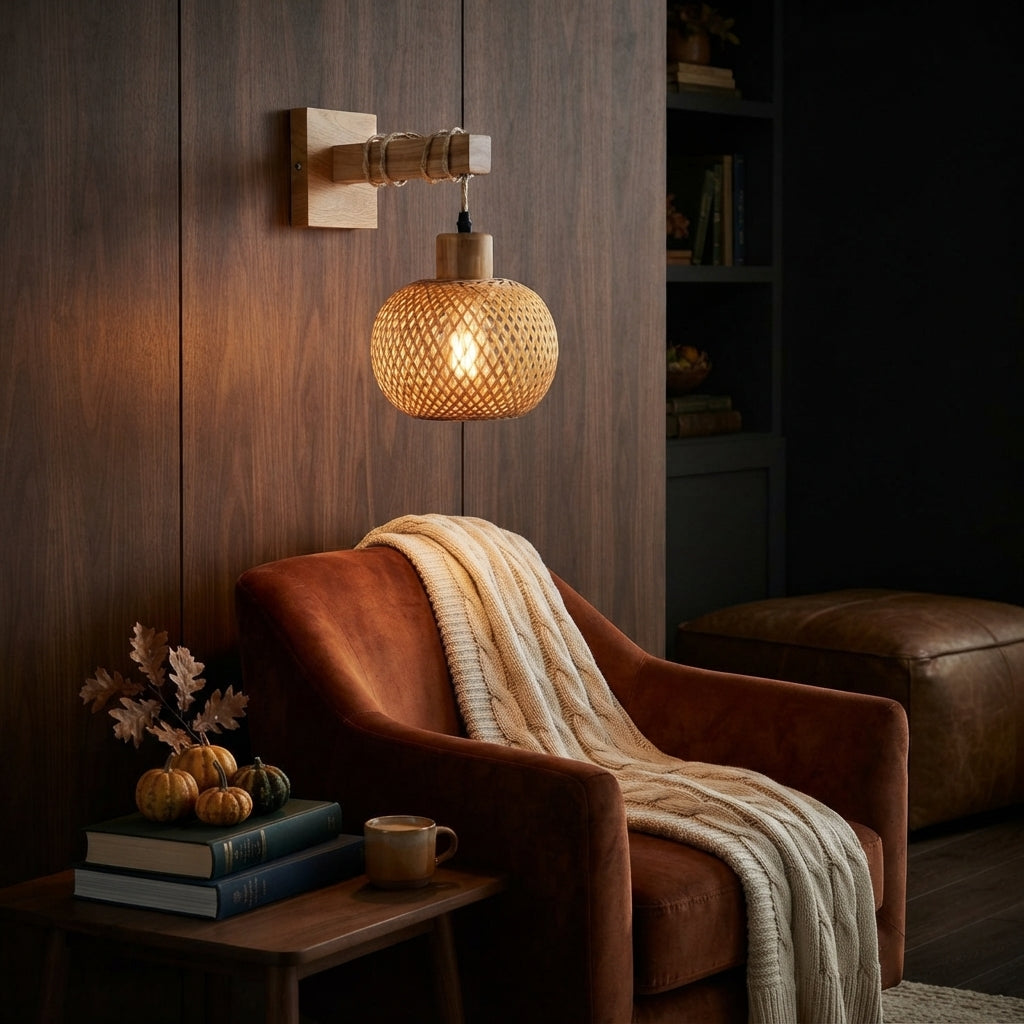 Japanese Bamboo Rattan Wall Lamp - Hand Woven E26 Sconce for Bedside & Dining Room