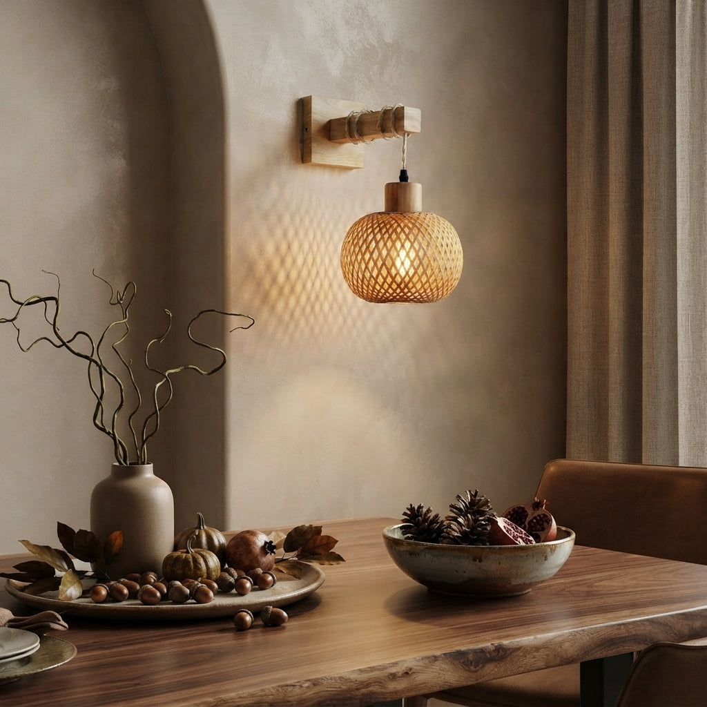 Japanese Bamboo Rattan Wall Lamp - Hand Woven E26 Sconce for Bedside & Dining Room