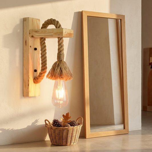 Vintage Hemp Rope Wall Lamp - Wood E27 Industrial Sconce with Plug