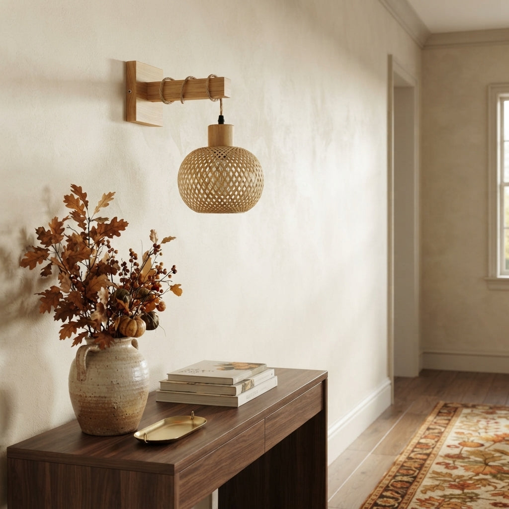 Japanese Bamboo Rattan Wall Lamp - Hand Woven E26 Sconce for Bedside & Dining Room