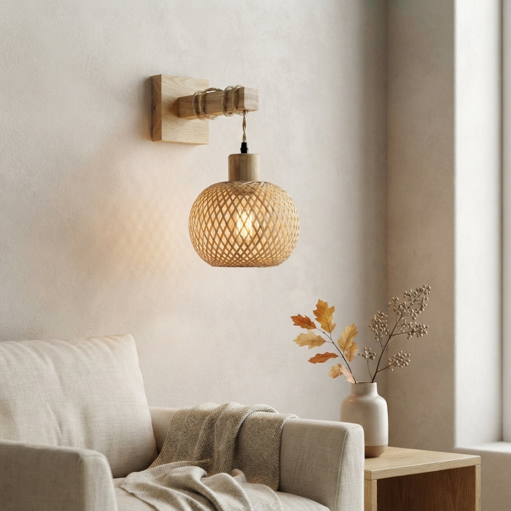 Japanese Bamboo Rattan Wall Lamp - Hand Woven E26 Sconce for Bedside & Dining Room