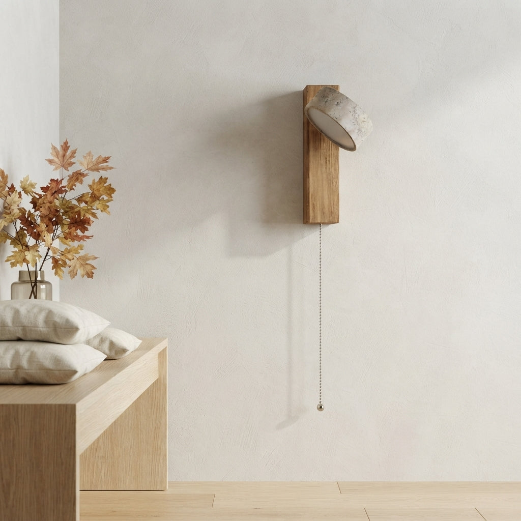 Travertine Stone & Walnut Wall Lamp - Rotatable LED Bedside Light with Pull Switch