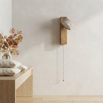 Travertine Stone & Walnut Wall Lamp - Rotatable LED Bedside Light with Pull Switch