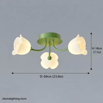 French Glass Flower LED Ceiling Lamp - Hot Bent Floral Shades on Brushed Nickel Frame