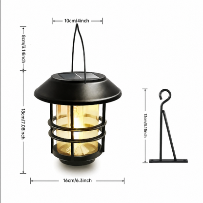 Solar Flame Effect Hanging Lantern - Glass & Metal Weatherproof Wall or Fence Light